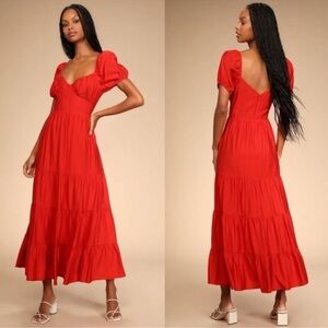 Lulu's Vibrant Red Puff Sleeve Maxi Dress